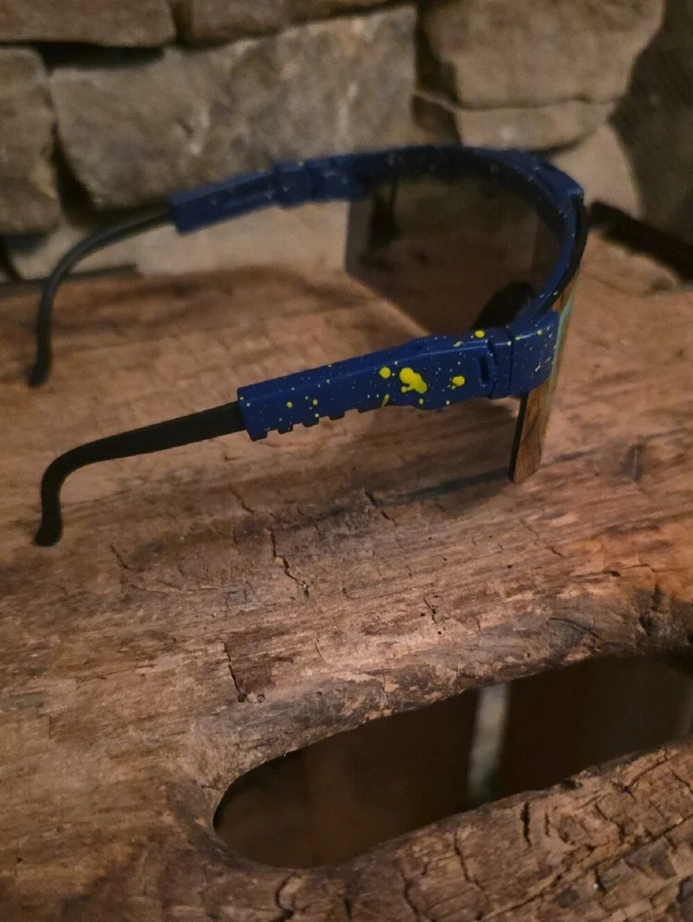 Pit Viper Blue Mirrored Shield Sunglasses with Yellow Splatter